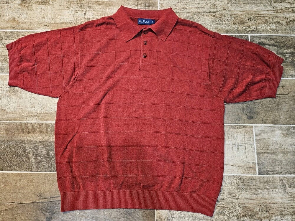 Paul Fredrick Men’s 100% Silk Polo Golf Shirt Red Sz M Checker Plaid Preppy
